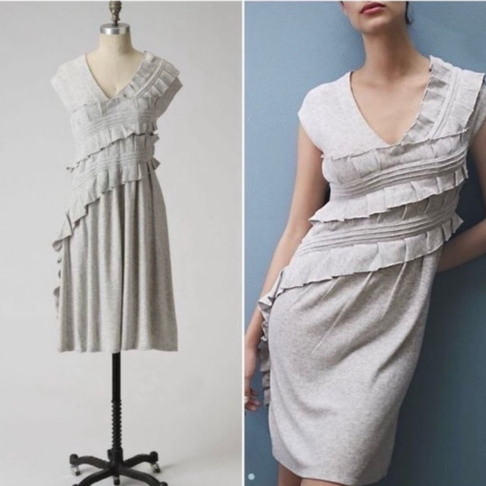 Anthropologie Knitted & Knotted Gray Ruffle Wool Dress